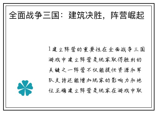 全面战争三国：建筑决胜，阵营崛起